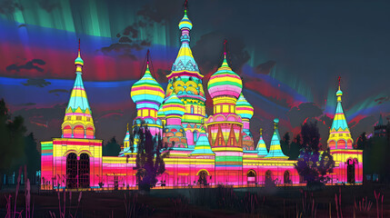 Naklejka premium A vibrant, illuminated architectural structure under a colorful sky.