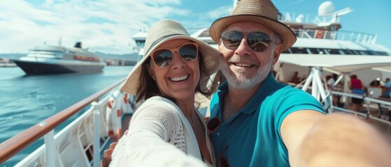 Senior couple in straw hats and sunglasses smile, taking a selfie on a boat with a seascape backdrop. Man with white beard holds smartphone.