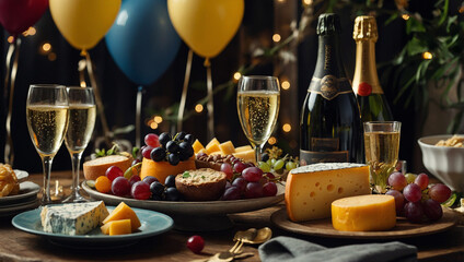 Fototapeta premium A table with champagne glasses, cheese, grapes, bread, and colorful balloons. A celebratory meal.