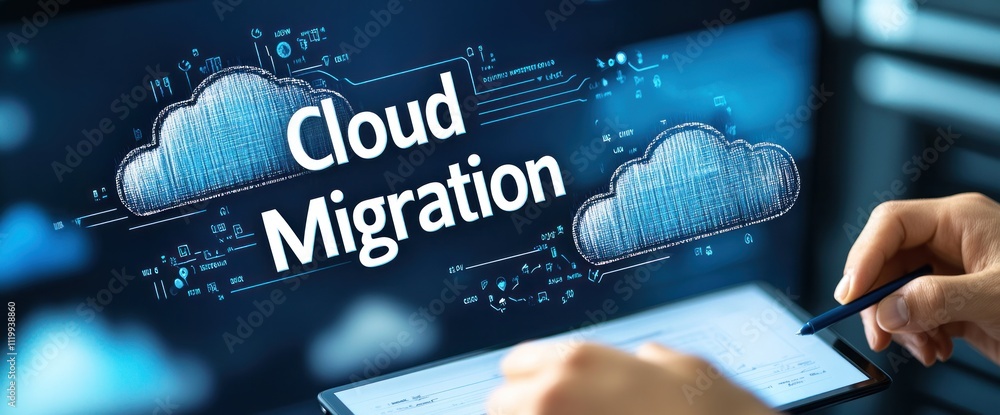 Poster illustration of cloud migration concept with digital elements and a person using a tablet.