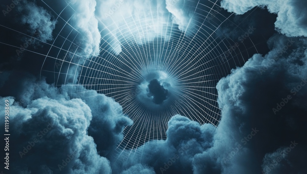 Poster a swirling vortex of clouds with geometric lines, evoking a sense of depth and mystery.