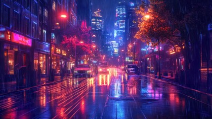 Fototapeta premium Cyberpunk City Nightscape: Rain-slicked Streets Reflecting Neon Lights