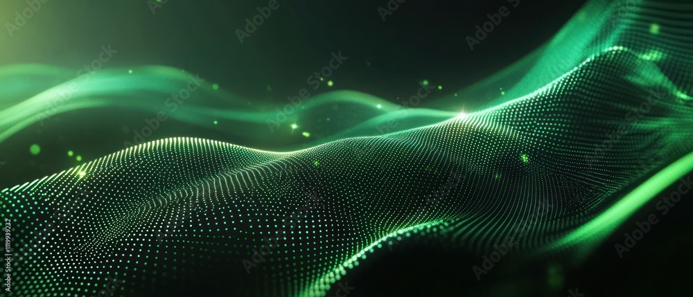 Aufkleber Abstract digital waves with green tones and glowing particles create a dynamic visual effect.