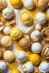 Table Displaying a Variety of Ice Cream in White and Yellow Tones,