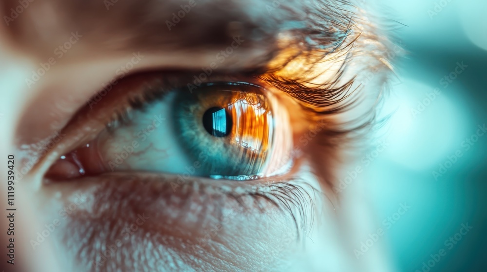 Poster a close-up macro photograph of an eye capturing intricate details, with vibrant colors and light ref