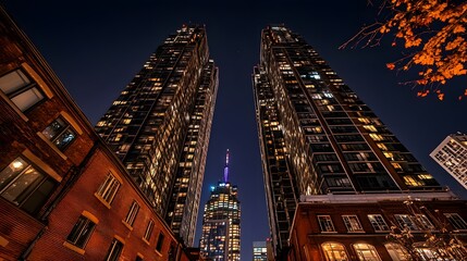 Obraz premium Nighttime view of two skyscrapers with lights on in downtown