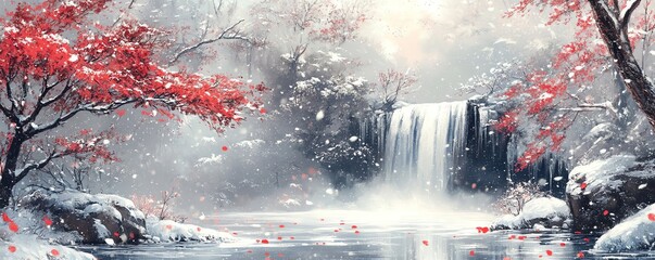 A Snowy Landscape with a Frozen Waterfall