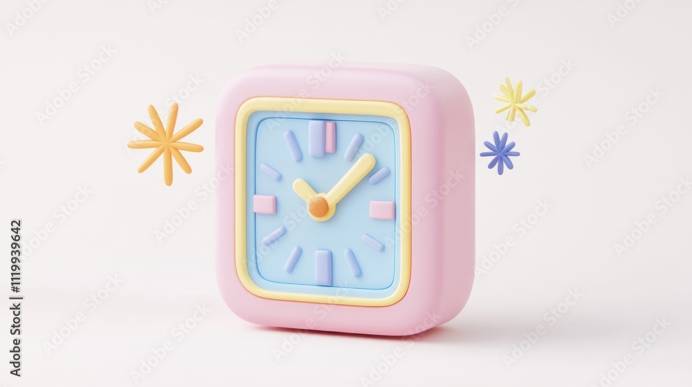 Poster a pastel-colored, playful clock with a simple design and decorative elements.