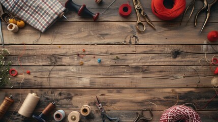 A nostalgic scene of a sewing workspace on a rustic table with scissors, thread, buttons, and fabric. Evokes traditional crafting and creativity.