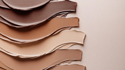 Neutral cosmetic swatches and creamy makeup texture background. beauty trends 2025 featuring pantone 17-1320 mocha mousse