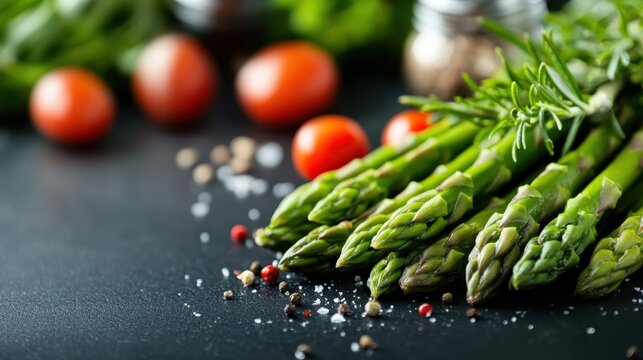 Vibrant asparagus sprigs laid out with rosemary on a black slate surrounded by tomatoes and spices, capturing the essence of organic culinary excitement.