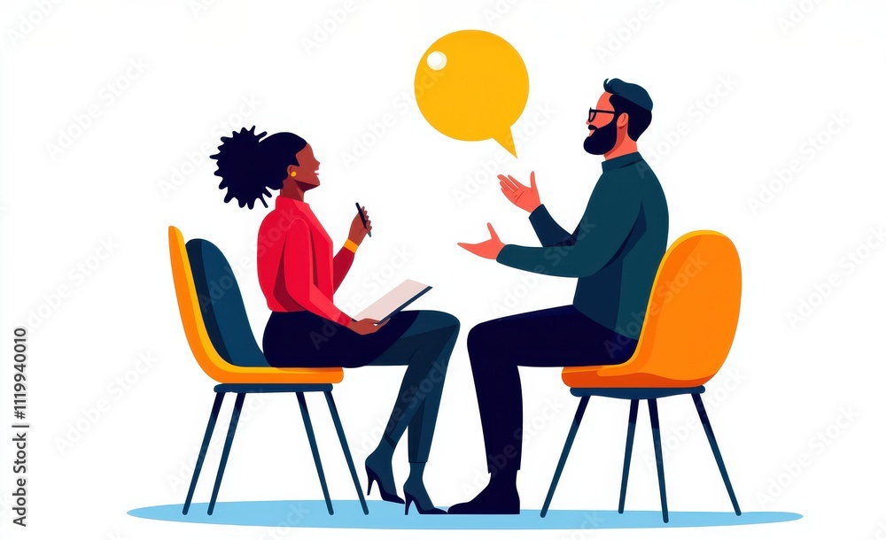 Poster a professional conversation between two people, one gesturing while the other listens attentively, s