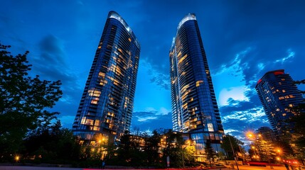 Obraz premium Nighttime view of two skyscrapers with lights on in downtown