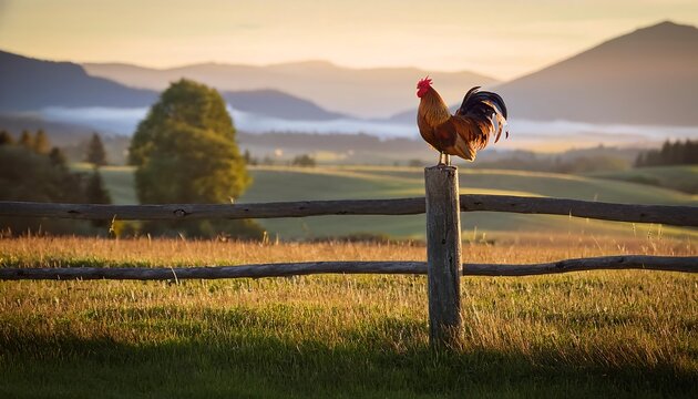 A rooster perched on a fence at sunrise.