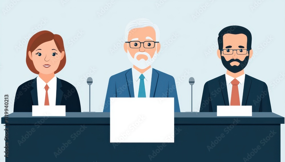 Poster Three diverse professionals seated at a table, ready for discussion, symbolizing teamwork and collaboration in a corporate or formal setting.