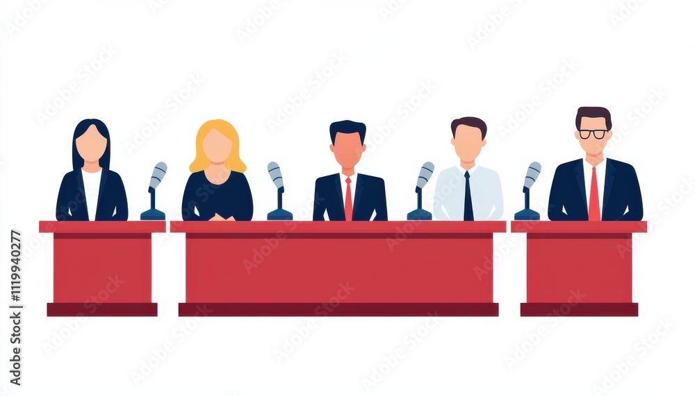 Aufkleber a panel of five diverse professionals seated at a table with microphones, ready for discussion or pr