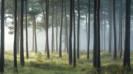 Fototapeta premium Misty Pine Forest: A Serene Morning in the Woods
