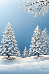 Christmas Scene with Snow-Covered Trees and Snowflakes on a Soft Blue Background