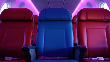 Obraz premium Colorful seats in airplane with purple lighting modern cabin interior