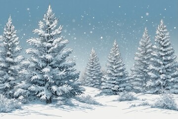 Obraz premium Christmas Scene with Snow-Covered Trees and Snowflakes on a Soft Blue Background