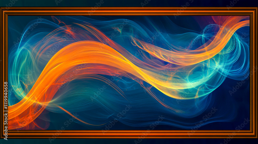 Poster an abstract wave design presented in a frame style, serving as a template for science and technology
