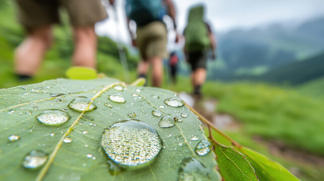 Water droplets on leaf with blurred hikers in background, showcasing nature beauty and adventure