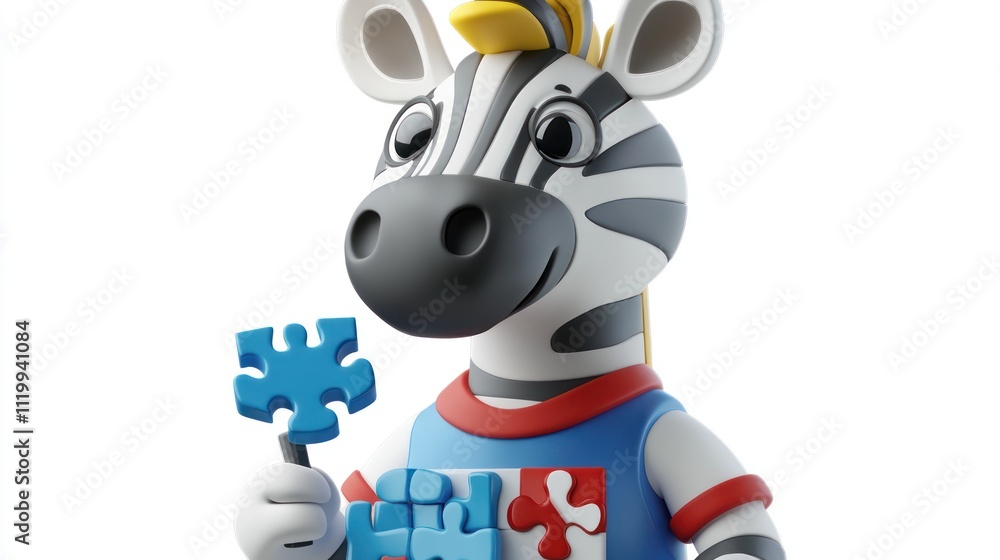 Poster a cheerful zebra character holds a puzzle piece, promoting play and learning.
