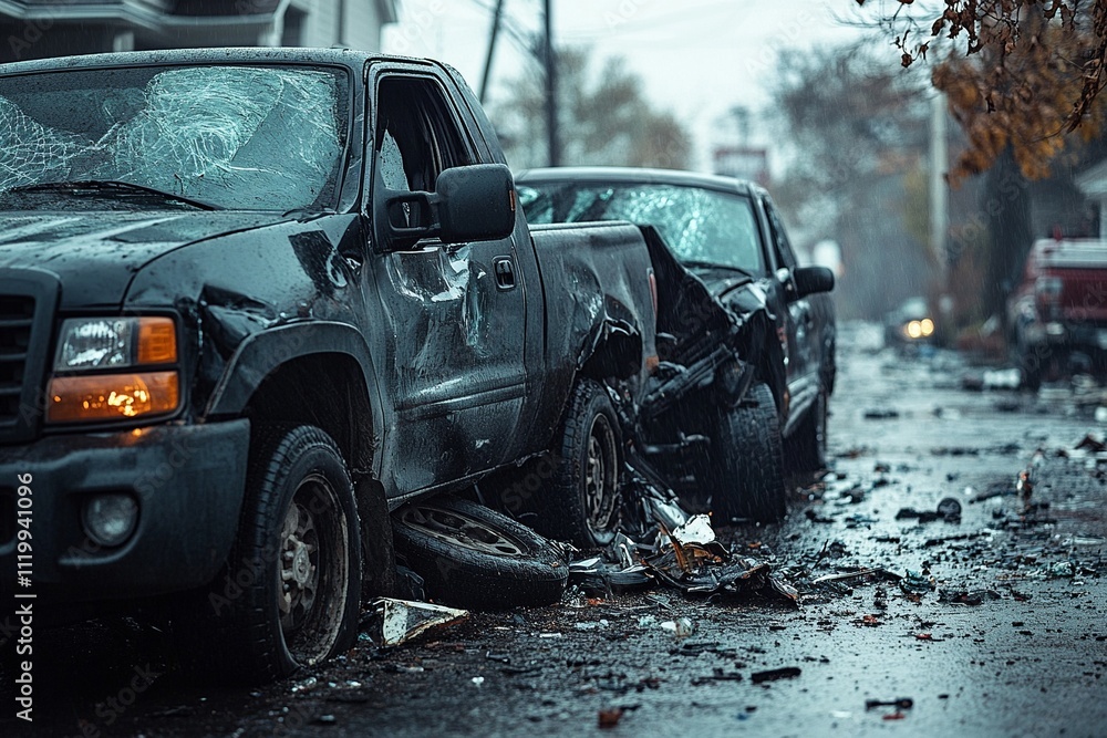Aufkleber a dramatic photo capturing the aftermath of a crash involving two pickup trucks. the image highlight