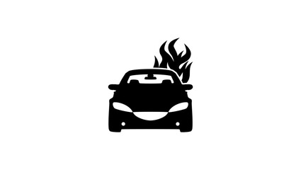 Car with flame or fire, black isolated silhouette