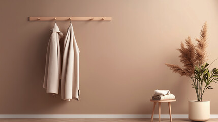 Cozy interior with beige wall, towels hanging on a wooden rack, and decorative plants in a minimalist setting