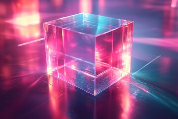 Fototapeta premium Empty glass cube glowing with pink and turquoise neon lights