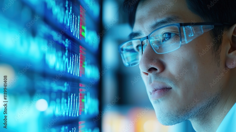 Poster portrait of scientist with glasses in lab looking at genetic analysis chart with copy space