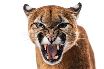 Close-up of a cougar showing its teeth, isolated on white