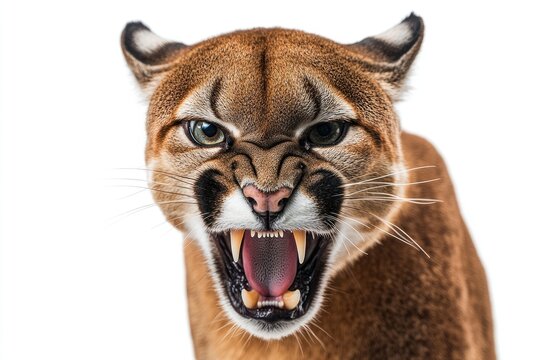 Close-up of a cougar showing its teeth, isolated on white