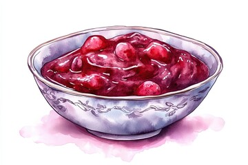 Watercolor Painting of Cherry Sauce in a Bowl