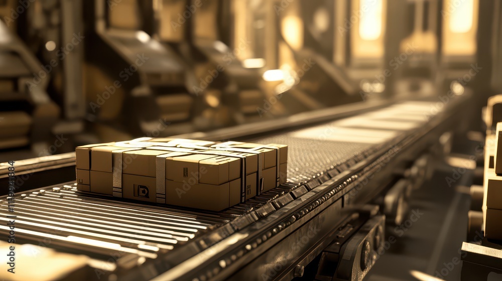 Poster automated conveyor system with boxed packages in a modern warehouse environment highlighting industr
