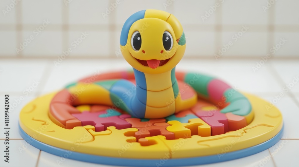 Poster a colorful snake puzzle toy designed for children, featuring a smiling face and playful colors.