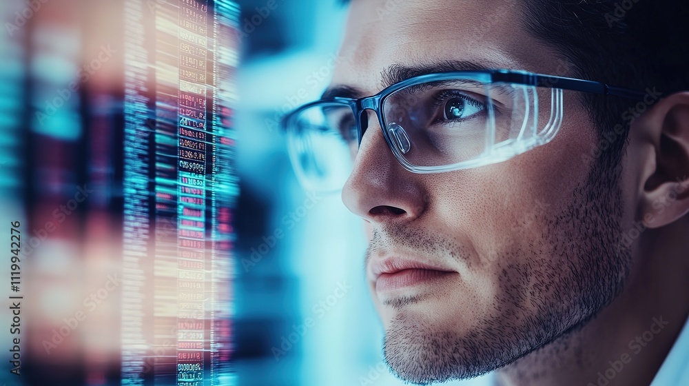 Poster portrait of scientist with glasses in lab looking at genetic analysis chart with copy space