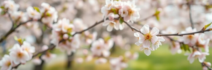 Cherry blossoms bloom in spring, showcasing delicate pink and white petals against a vibrant green backdrop in a serene park