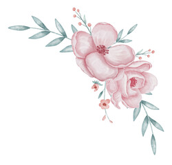 Watercolor floral composition with soft pink Flowers and green leaves for elegant corner arrangement. Floral illustration for wedding invitations or childish greeting cards. Art for nursery decor.