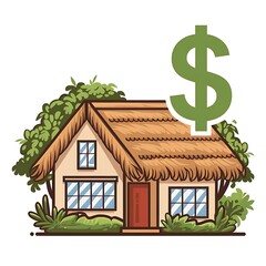 Real Estate Sale Icon: House with Dollar Sign and Greenery on White