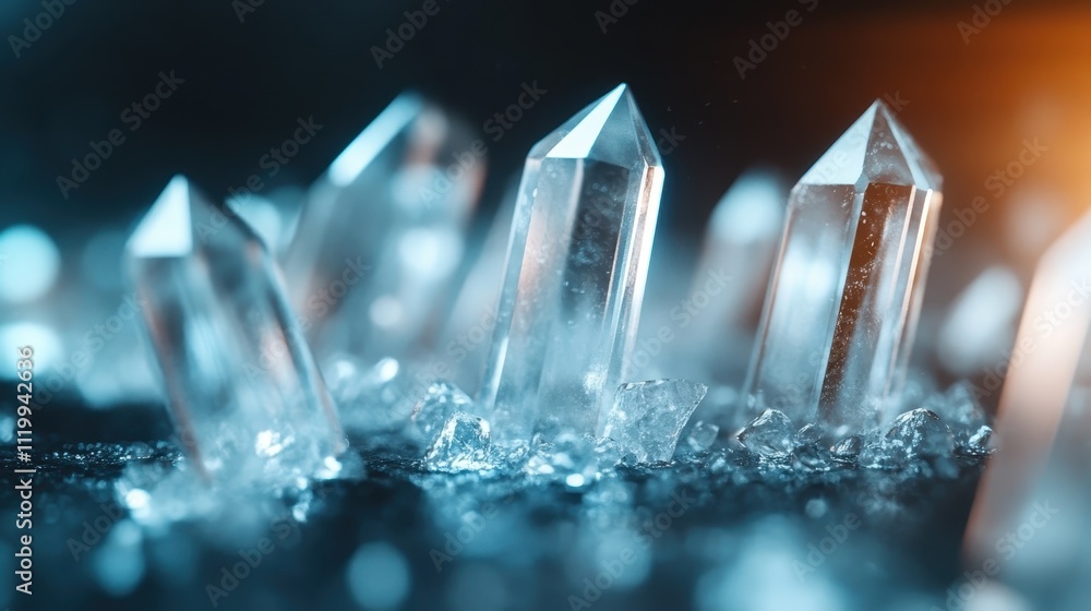 Poster an array of shimmering clear crystals, capturing the play of light and reflections on their surfaces