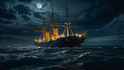 Fototapeta premium A large sailing ship sails on a dark, stormy sea under a full moon.