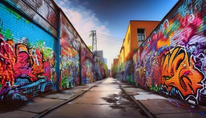 Naklejka premium Vibrant graffiti-covered alleyway with colorful art.