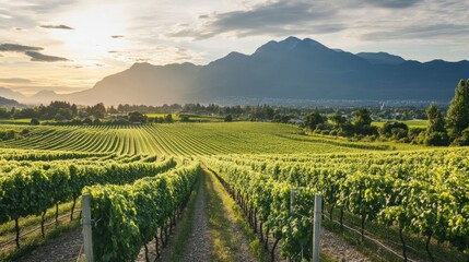 Naklejka premium Sunlit Vineyard with Majestic Mountain Views