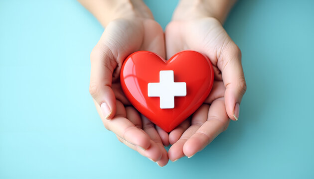 Hands holding a red heart with a white cross, symbolizing health and care.