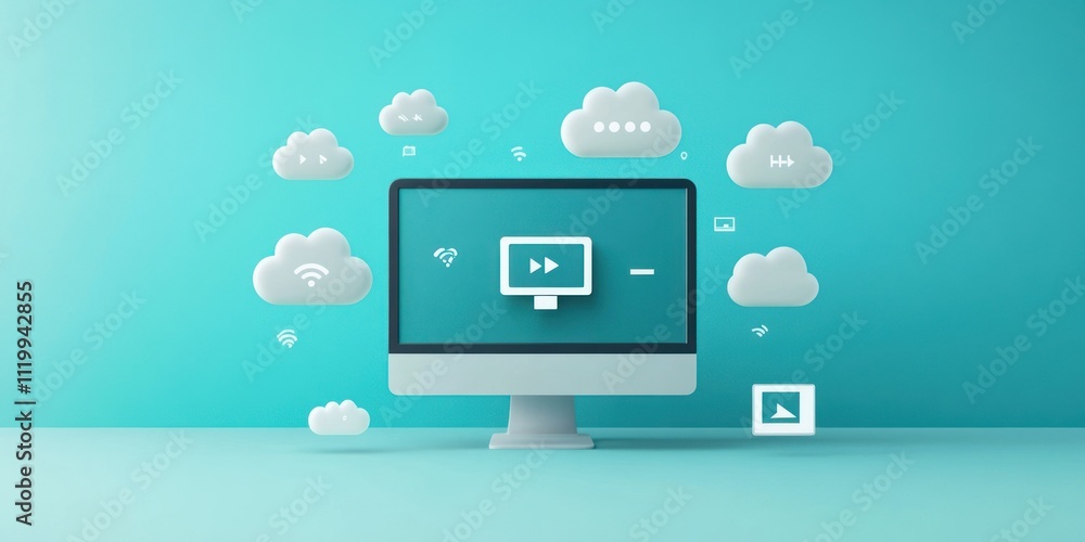 Poster Computer screen with cloud icons representing digital connectivity and services.
