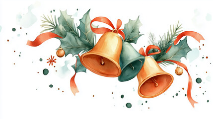 Festive watercolor Christmas bells with holly and ribbons