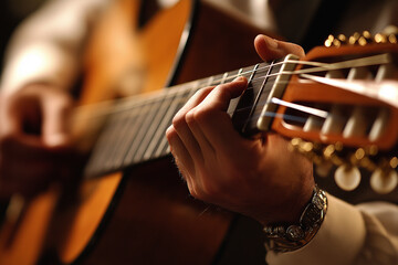 Fototapeta premium A close-up shot of hands playing an acoustic guitar, with the strings and neck in sharp focus against a soft-focus background. A cozy atmosphere.