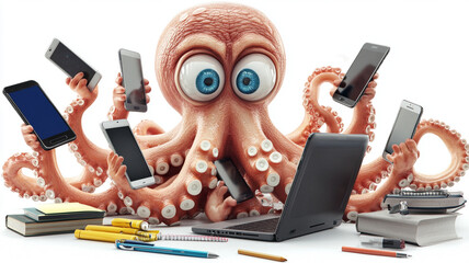 3D octopus with many arms, each holding smartphone and working on laptop, surrounded by stationery. humorous representation of multitasking in digital age